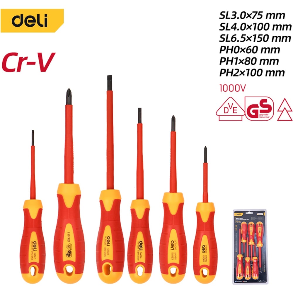 Изображение товара Набор диэлектрический отверток DELI 6 шт DL510006T для электроработ