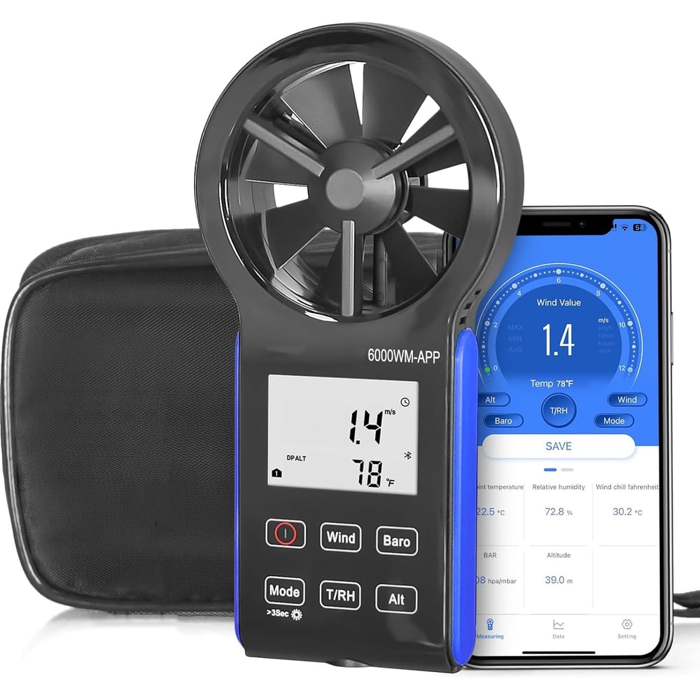 Изображение товара Цифровой термоанемометр HoldPeak HP-6000WM-APP портативное устройство измерения температуры влажнос