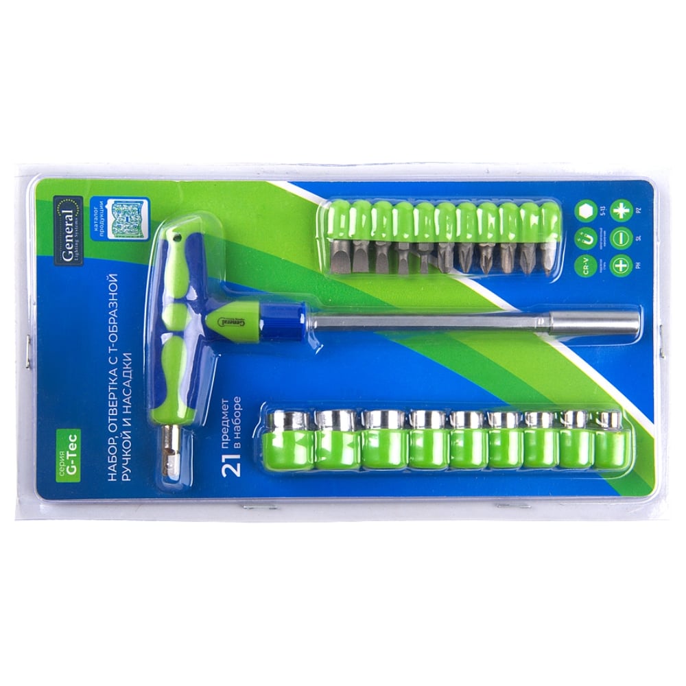 Изображение товара Набор отверток с Т-образной ручкой и насадками General Lighting Systems №2 G-Tec 901211 21 предмет