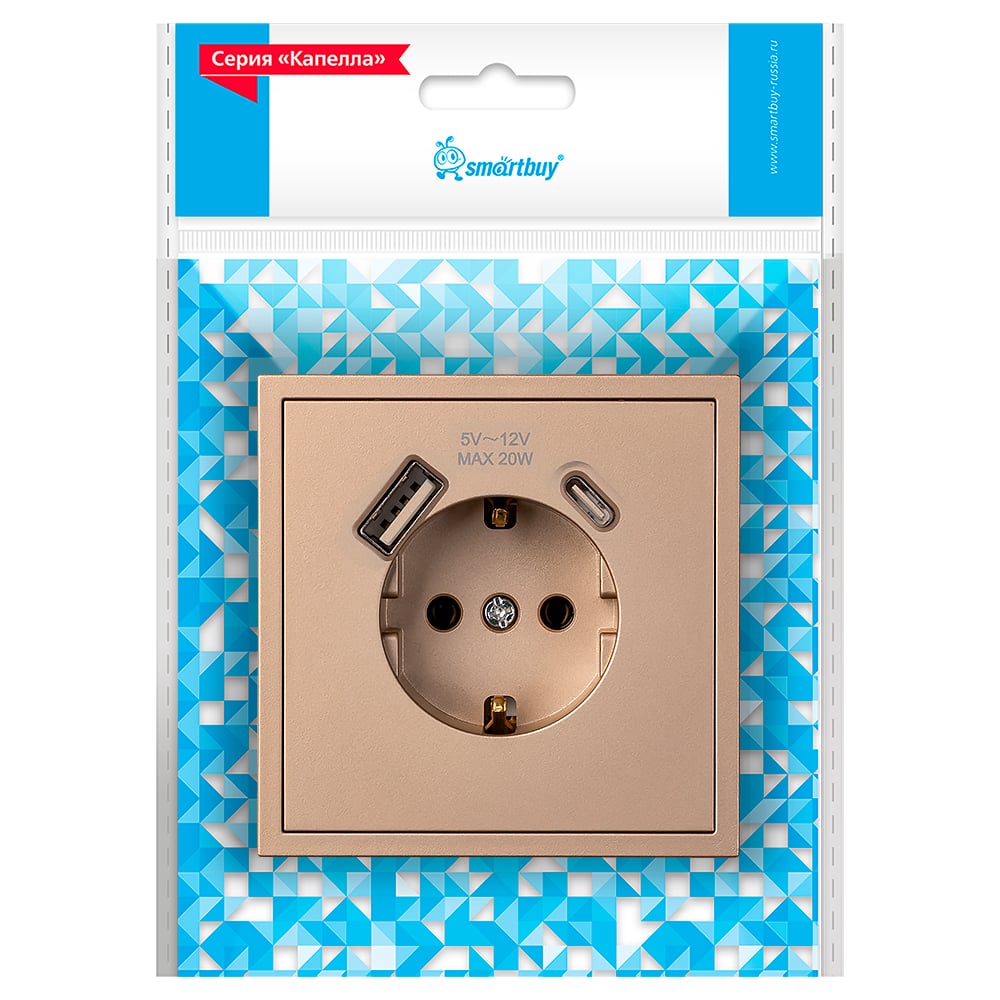 Изображение товара Розетка 1-местная Smartbuy с заземлением USB Type C Шампанский Серия Капелла