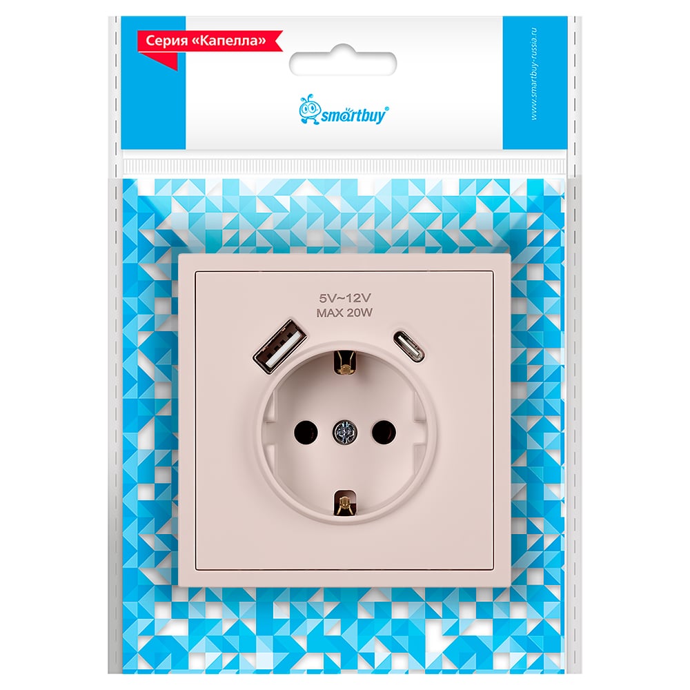 Изображение товара Розетка Smartbuy с USB и заземлением, встроенная, серия Капелла