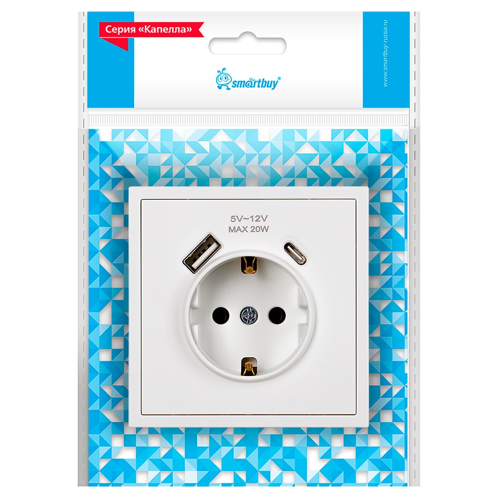 Изображение товара Розетка 1-местная Smartbuy с USB и заземлением белая серия Капелла