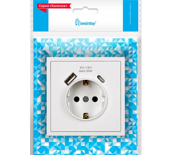 Изображение товара Розетка 1-местная Smartbuy с заземлением USB+Type 16А белая Капелла SBE-09w-16-S1-USB