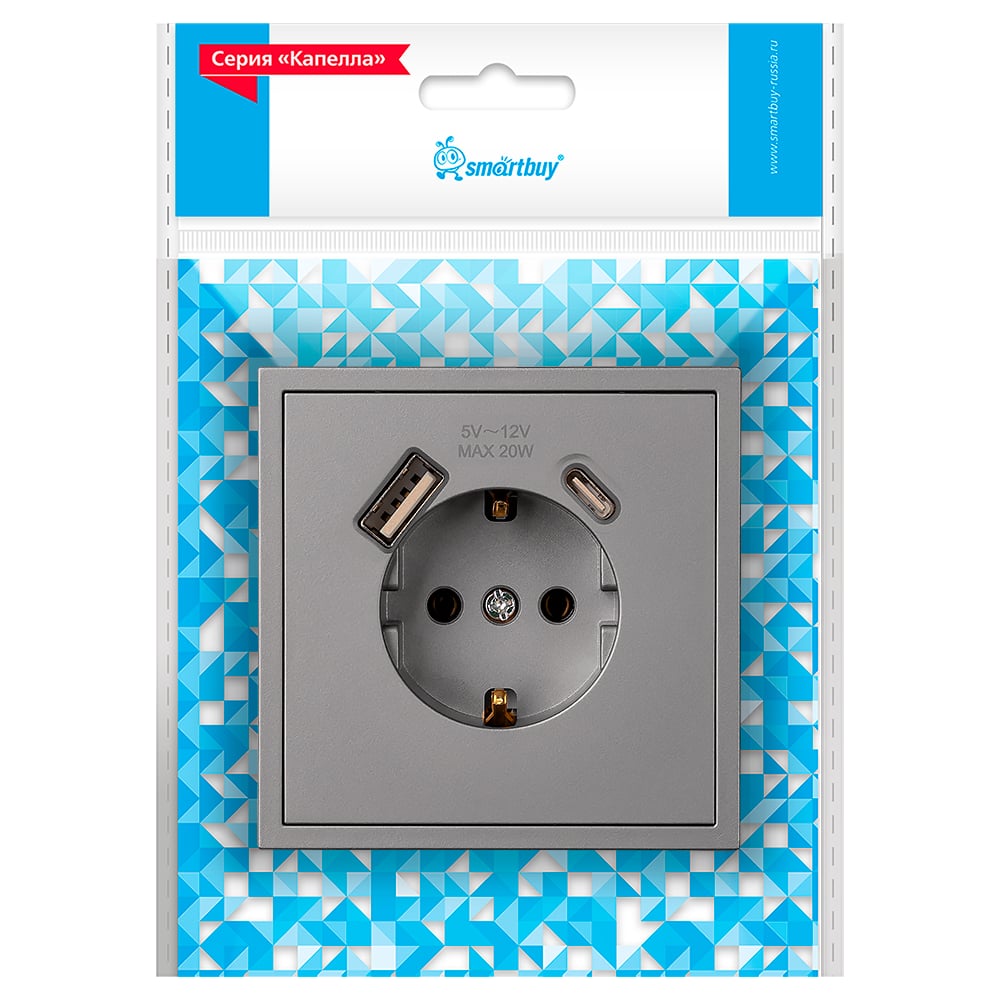 Изображение товара Розетка Smartbuy с заземлением USB и Type C черный 1 пост IP20