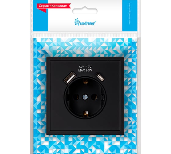 Изображение товара Розетка 1-местная Smartbuy с заземлением USB+Type 16А черная Капелла SBE-09b-16-S1-USB
