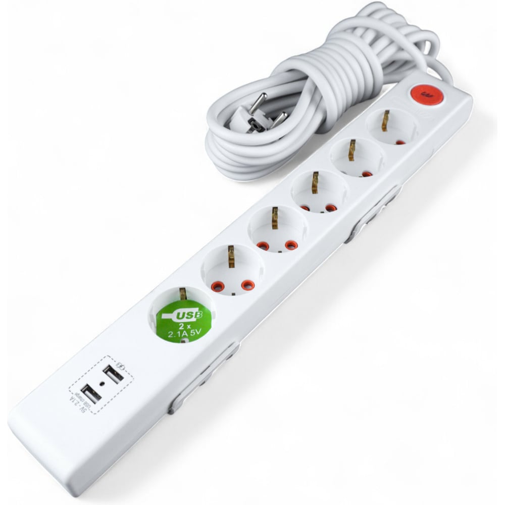 Изображение товара Удлинитель сетевой Mutlusan 6 гнезд с заземлением и 2 USB 2 м