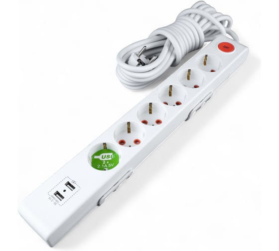 Изображение товара Удлинитель сетевой Mutlusan 6 гнезд с заземление и 2 USB, 2 метра 001 175 650002 02 00