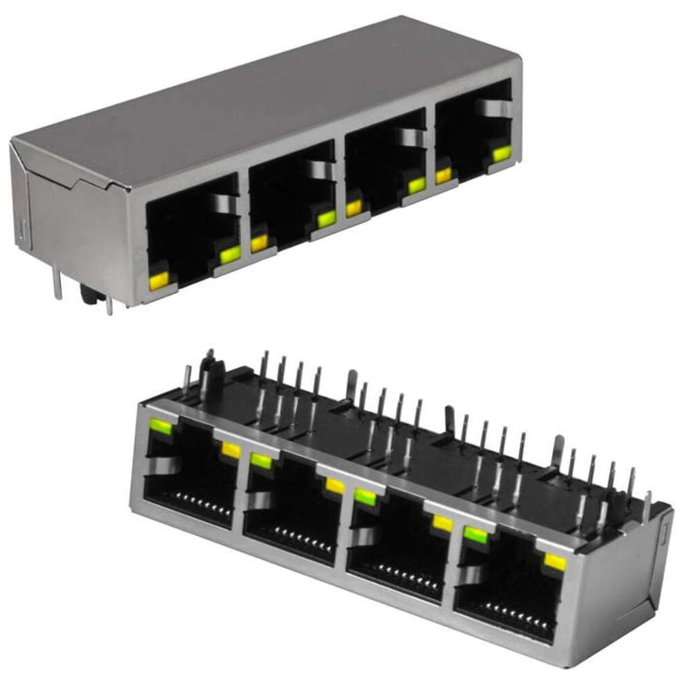Изображение товара Разъем RJ RUICHI TJ9-10P8-04 LED экранированный 4-портовый, монтаж под пайку