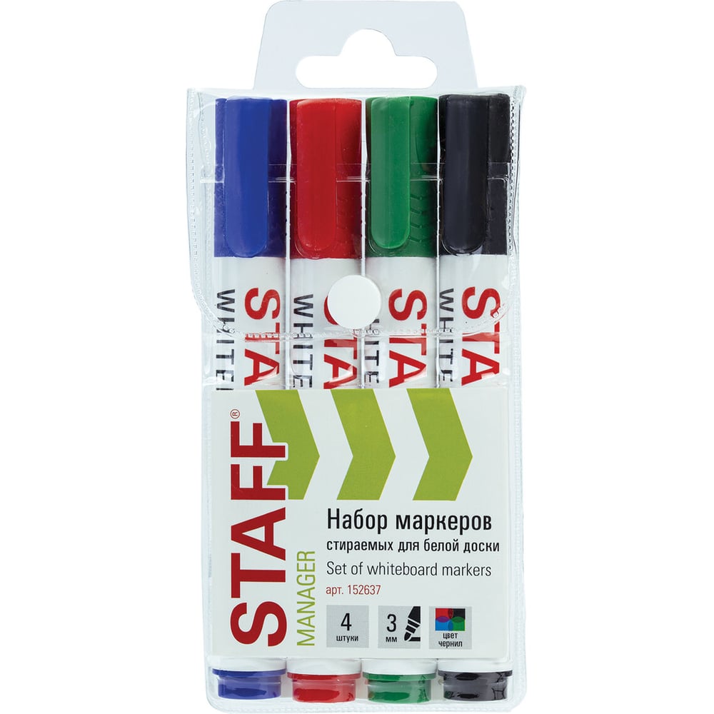 Изображение товара Маркер стираемый для белой доски STAFF НАБОР 4 ЦВЕТА MANAGER WBM-300, 3 мм, с клипом