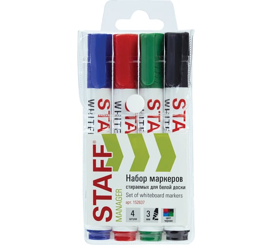 Изображение товара Маркеры стираемые для белой доски Staff НАБОР 4 ЦВЕТА, MANAGER WBM-300, 3 мм, с клипом, 152637