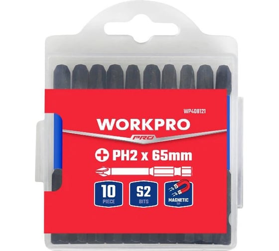 Изображение товара Набор ударных бит Workpro PRO IMPACT PH2, 65мм -10шт (сталь S2, хвостовик HEX 1/4) WP408121