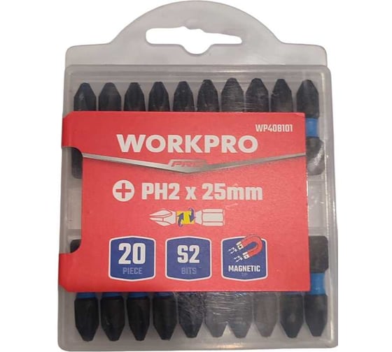 Изображение товара Набор ударных бит Workpro PRO IMPACT PH2, 25мм -20шт (сталь S2, хвостовик HEX 1/4) WP408101