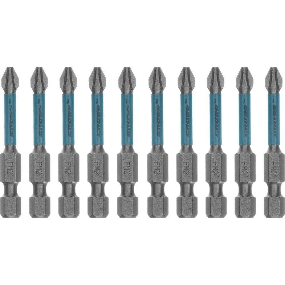 Изображение товара Набор бит торсионных GROSS PH2 50 мм 10 шт для ударных шуруповёртов