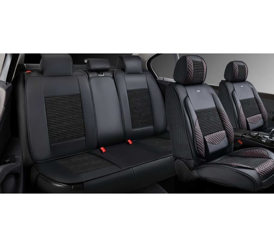 Изображение товара Накидки PSV 5D Volt (Черный/Отстрочка Красная), комплект на весь салон, экокожа + льняное плетение 139031
