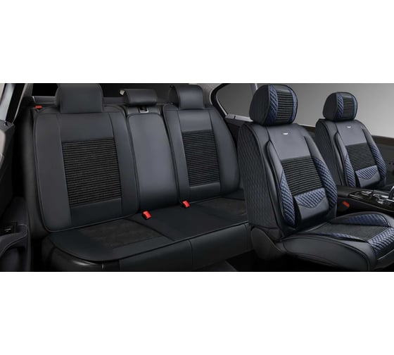 Изображение товара Накидки PSV 5D  Volt (Черный/Отстрочка Синяя), комплект на весь салон, экокожа + льняное плетение 139032