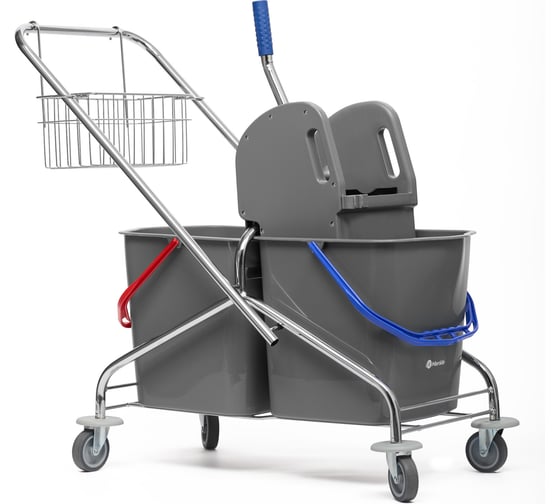 Изображение товара Тележка уборочная двухведерная Merida металлический каркас, с пластиковым отжимом, сеткой, серыми ведрами, 2х23 л HFW102