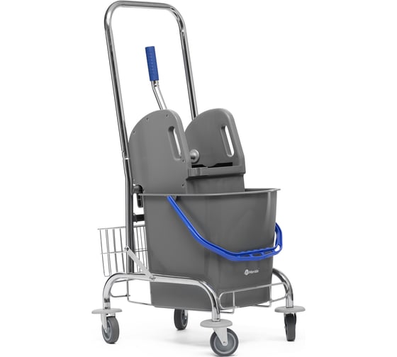 Изображение товара Тележка уборочная одноведерная Merida металлический каркас, с пластиковым отжимом, сеткой, серым ведром, 1х23 л HFW201