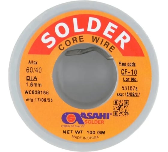 Изображение товара Припой ASAHI 1,6мм 0,1кг Sn60/Pb40 (CF10 флюс RA) 00-00016365
