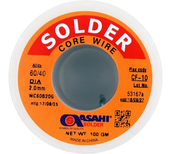 Изображение товара Припой ASAHI 2,0мм 0,1кг Sn60/Pb40 (CF10 флюс RA) 00-00016366