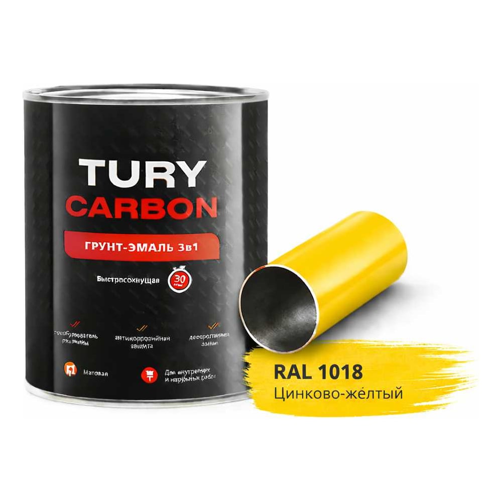 Изображение товара Грунт-эмаль 3в1 TURY Carbon желтый RAL 1018 0,9 кг для металла влагостойкая