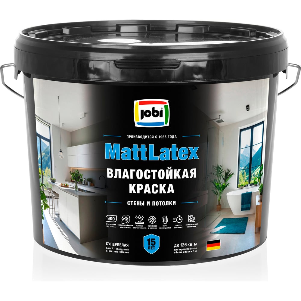 Изображение товара Краска JOBI влагостойкая для стен и потолков MATTLATEX 9 л 36395 Изображение товара Краска JOBI влагостойкая для стен и потолков MATTLATEX 9 л 36395