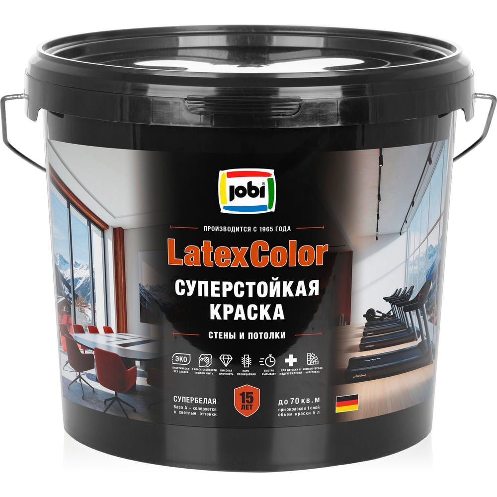 Изображение товара Краска JOBI суперстойкая для стен и потолков LATEXCOLOR 5 л 36391