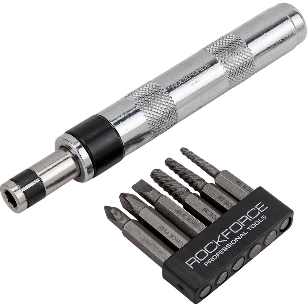 Изображение товара Отвертка ударная с набором бит и экстракторами резьбы Rockforce RF-5064V 7 предметов