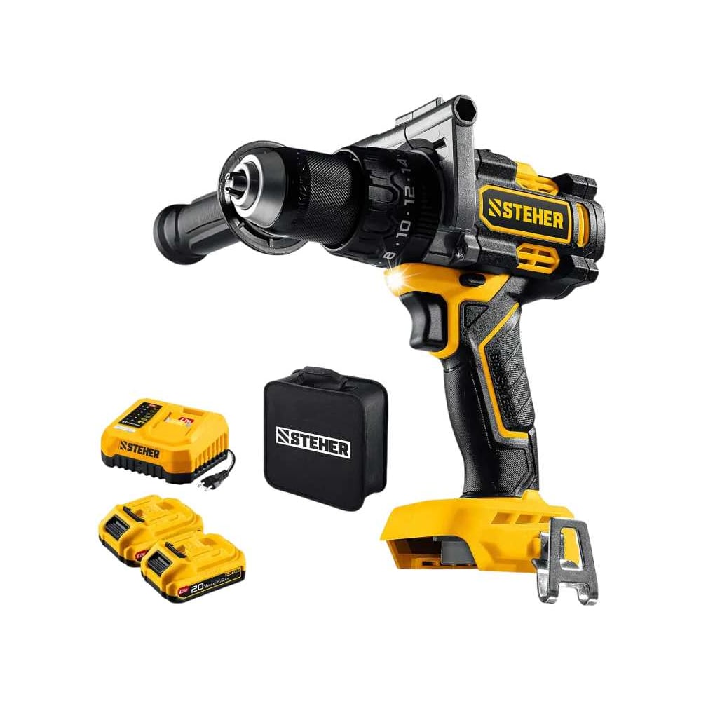 Изображение товара Бесщеточная ударная дрель-шуруповерт STEHER 20 В с двумя аккумуляторами