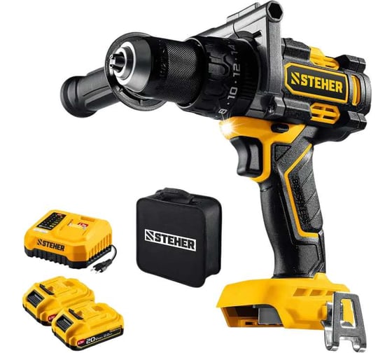 Изображение товара Бесщеточная ударная дрель-шуруповерт STEHER 20 В, 165 Н·м, 2 АКБ LMS (2 А·ч), сумка CBS-165-22