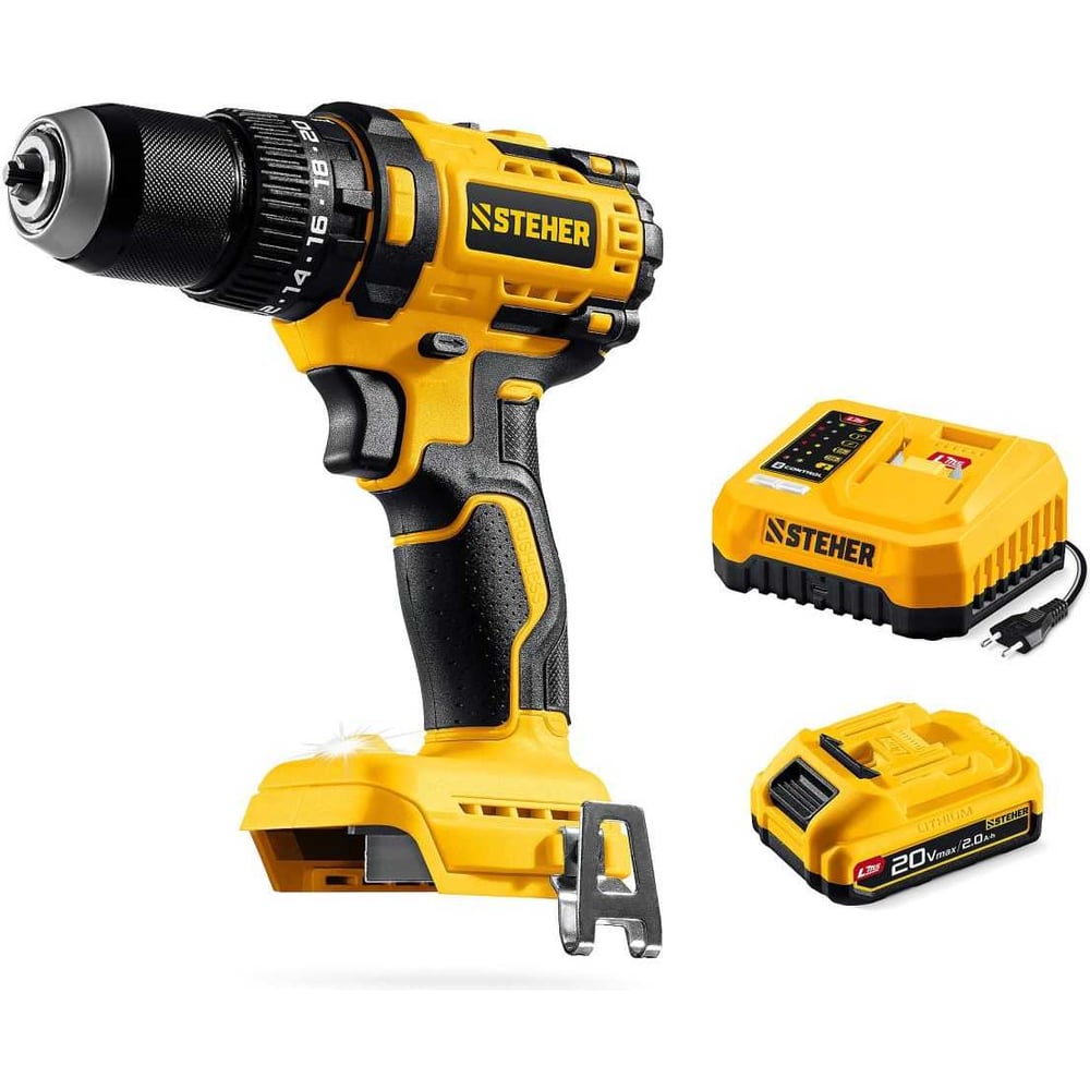 Изображение товара Бесщеточная ударная дрель-шуруповерт STEHER 20 В 65 Н·м с аккумулятором LMS