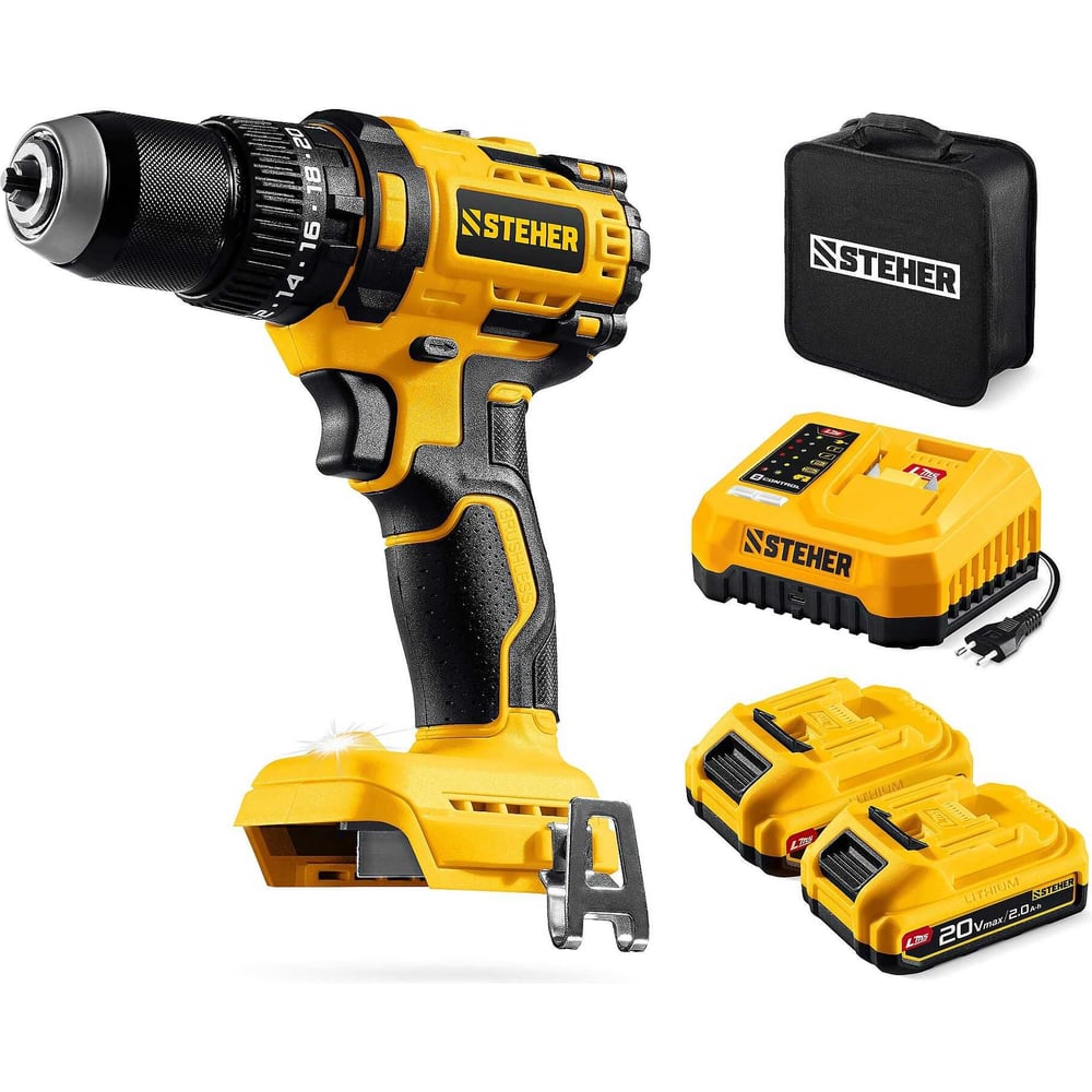 Изображение товара Бесщеточная ударная дрель-шуруповерт STEHER 20 В с 2 аккумуляторами