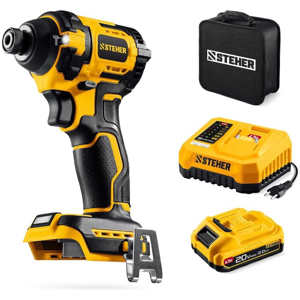 Изображение товара Бесщеточный ударный винтоверт STEHER 20 В 180 Н·м с одним аккумулятором и сумкой