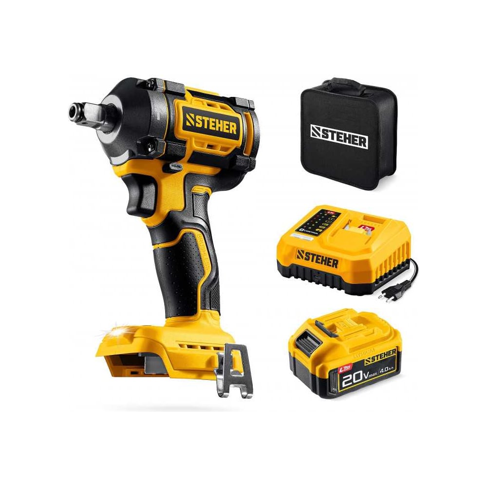 Изображение товара Бесщеточный ударный гайковерт STEHER 20 В 350 Нм с аккумулятором и подсветкой