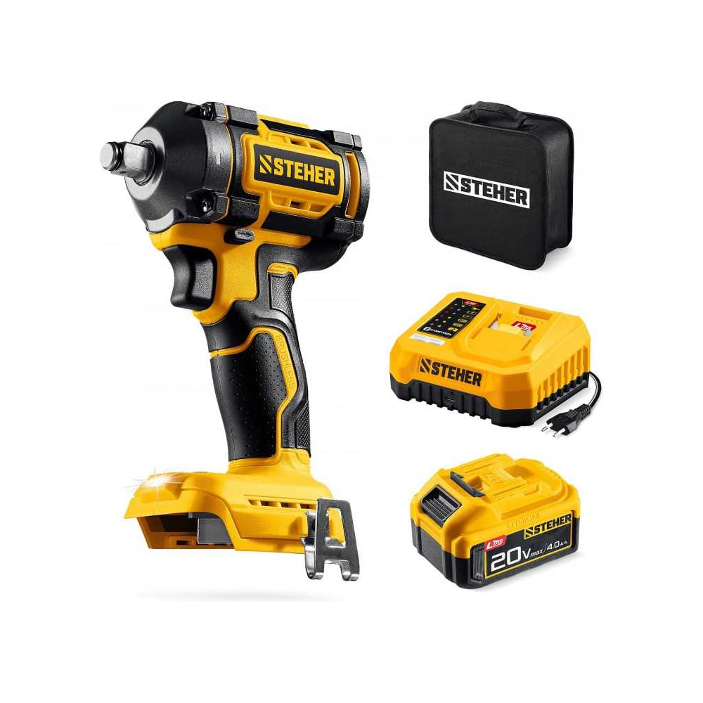 Изображение товара Бесщеточный ударный гайковерт STEHER 20 В 500 Нм с аккумулятором и сумкой