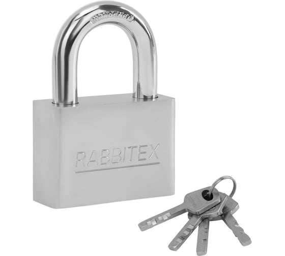 Изображение товара Замок навесной RABBITEX стальной 60мм никель, антикоррозионное покрытие, 4 ключа 671310
