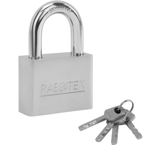 Изображение товара Замок навесной RABBITEX стальной 50мм никель, антикоррозионное покрытие, 4 ключа 671309