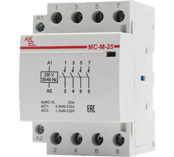Изображение товара Контактор модульный Akel ВА47-МС-М-3-25-40 3 модуля 4NO/25A/230VAC 401234
