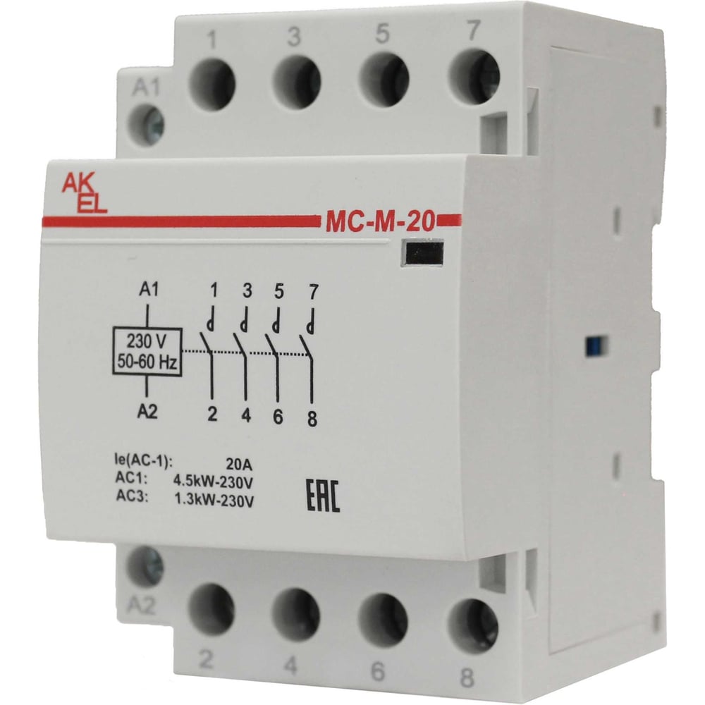 Изображение товара Контактор модульный Akel ВА47-МС-М-3-20-40 4NO 20A 230VAC легко устанавливается