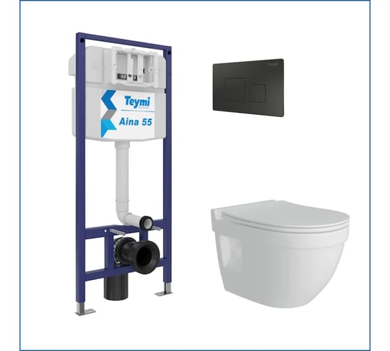 Изображение товара Инсталляция с унитазом комплект 5 в 1 Teymi унитаз подвесной безободковый Vitra Pro кнопка черная F13759 ЦБ-00286378