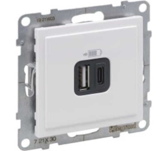 Изображение товара Зарядное устройство Legrand SUNO USB 2 выхода Тип А - Тип С Цвет Белый 721130