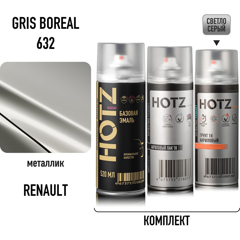 Изображение товара Комплект аэрозольный HOTZ RENAULT Gris Boreal 632 металлик 1K: Акриловый грунт Светло-серый 520мл + Акриловый лак 520мл + + Автоэмаль 520мл 4673755223367
