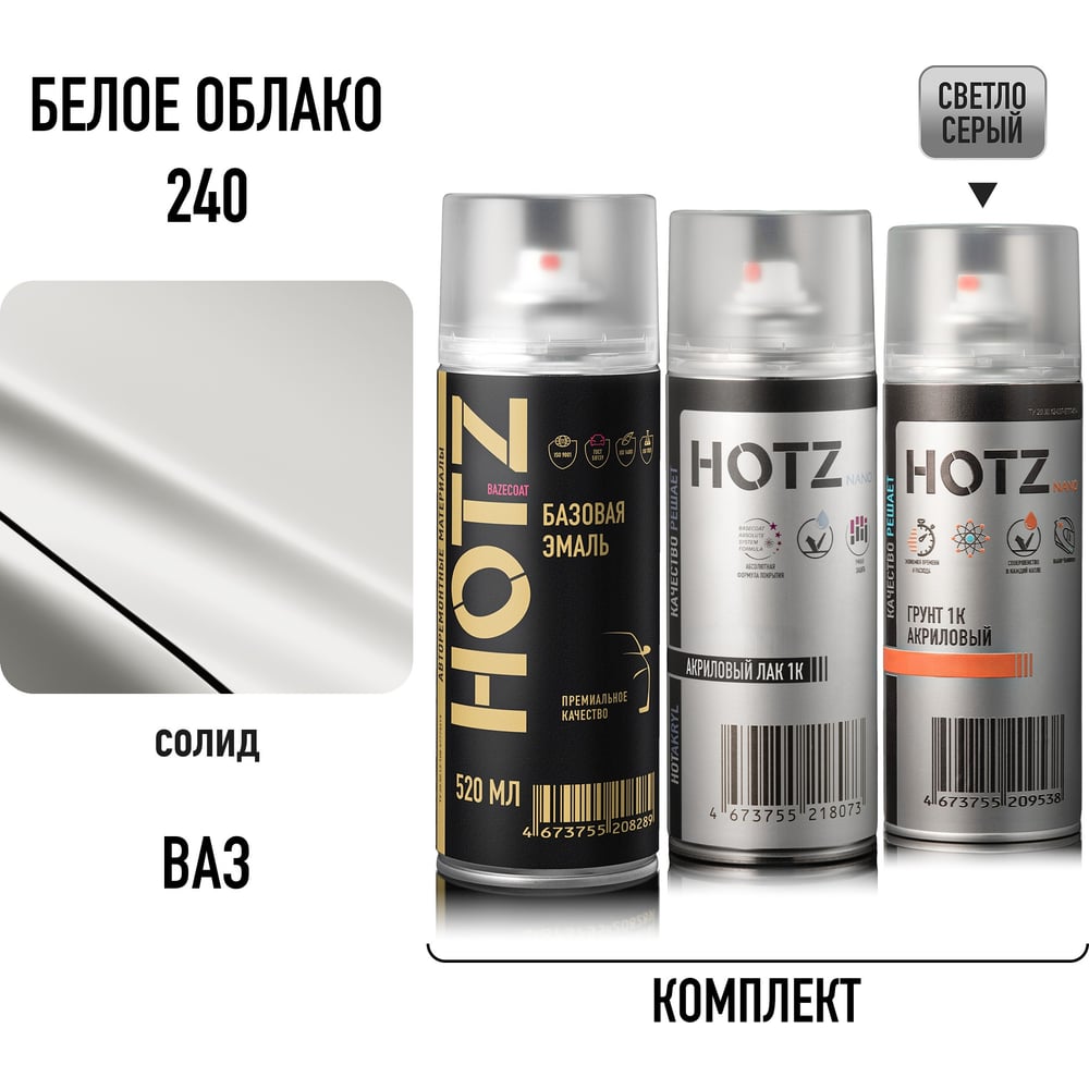Изображение товара Комплект аэрозольный HOTZ Белое облако 240 1K: Акриловый грунт Светло-серый 520мл + Акриловый лак 520мл + Автоэмаль Белое облако 240 520мл 4673755223329