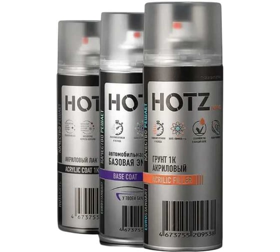 Изображение товара Комплект аэрозольный HOTZ Снежная королева BASF 690 металлик 1K: Акриловый грунт Светло-серый 520мл + Акриловый лак 520мл + Автоэмаль 520мл 4673755223305