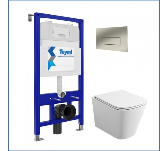 Изображение товара Инсталляция с унитазом Teymi комплект 5 в 1 унитаз подвесной безободковый Helmi S кнопка нержавеющая сталь F13294 F13294 ЦБ-00302368