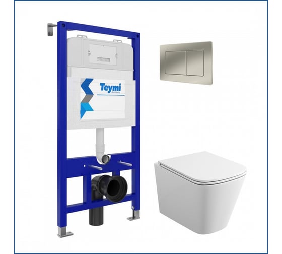Изображение товара Инсталляция с унитазом Teymi комплект 5 в 1 унитаз подвесной безободковый Helmi S кнопка нержавеющая сталь F13300 F13300 ЦБ-00302371
