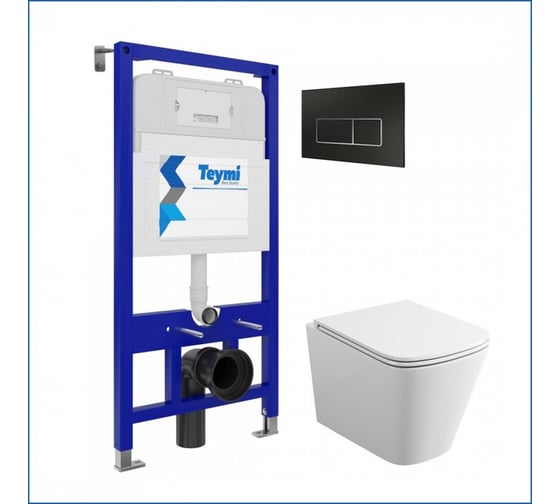 Изображение товара Инсталляция с унитазом Teymi комплект 5 в 1 унитаз подвесной безободковый Helmi S кнопка черная/хром F13295 F13295 ЦБ-00285805