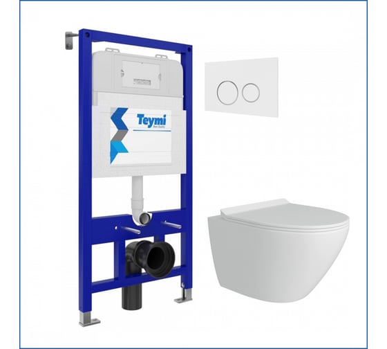 Изображение товара Инсталляция с унитазом Teymi комплект 5 в 1 унитаз подвесной безободковый Lina Pro кнопка белая/хром F13390 F13390 ЦБ-00302366