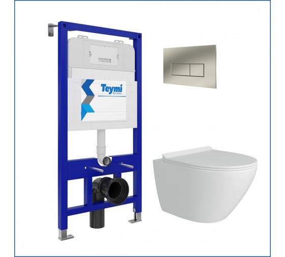 Изображение товара Инсталляция с унитазом Teymi комплект 5 в 1 унитаз подвесной безободковый Lina Pro кнопка нержавеющая сталь F13385 F13385 ЦБ-00285823