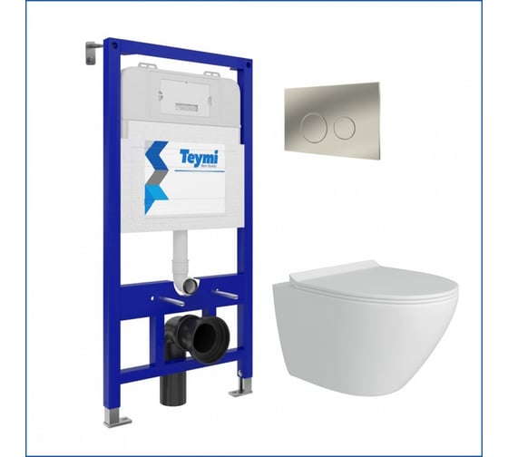Изображение товара Инсталляция с унитазом Teymi комплект 5 в 1 унитаз подвесной безободковый Lina Pro кнопка нержавеющая сталь F13388 F13388 ЦБ-00285824
