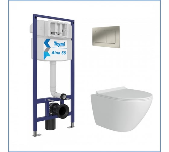 Изображение товара Инсталляция с унитазом Teymi комплект 5 в 1 унитаз подвесной безободковый Lina Pro кнопка нержавеющая сталь F13883 F13883 ЦБ-00286362